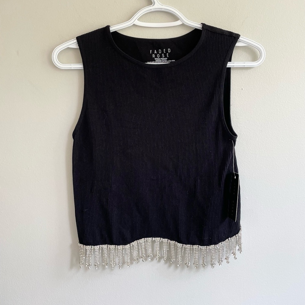 NWT SLEEVELESS CROP TOP BLACK RIBBED KNIT RHINESTONE FRINGE STRETCH